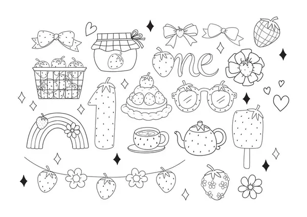 Strawberry set with Strawberry Ribbon bow, Rainbow, Garland, Jam Bottle, Cake, Number, Tea Cup, Sunglass, Flowers Doodle Style Style Style Drawn Elements Page Vector