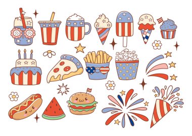 4 Temmuz ya da Bağımsızlık Günü Karikatür Biçimli El Çizim Elementleri Vektörü