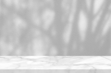 Beton Duvarda Ağaç Dalları olan Beyaz Mermer Masa Arka planda, Ürün Sunum Arkaplanı, Görünüm ve Moda İçin Uygun.