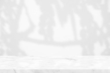 Beton Duvarda Ağaç Dalları olan Beyaz Mermer Masa Arka planda, Ürün Sunum Arkaplanı, Görünüm ve Moda İçin Uygun.