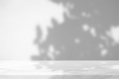 Bambu yapraklı beyaz mermer masa Beton Duvar Doku Arkaplanında Gölge, Ürün Sunum Arkaplanı, Görünüm ve Moda İçin Uygun.