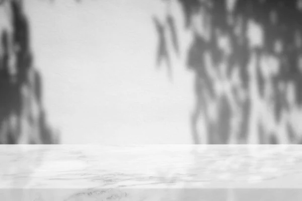 コンクリート壁のテクスチャの背景に乾燥葉の影を持つ白い大理石のテーブル 製品のプレゼンテーションの背景に適し そして モックアップ — ストック写真