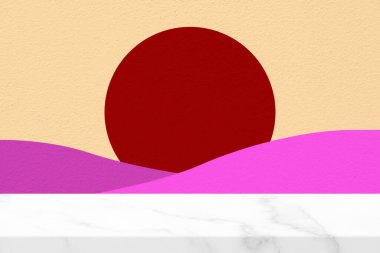 Beyaz Mermer Masa ve Kırmızı Çember Cesur Zemin Kahverengi Beton Beton Duvar Doku Arka planı, Kozmetik Ürün Sunumu, Görünüm ve Moda İçin Uygun.