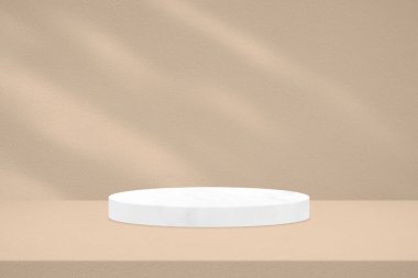 Brown Stucco Room Background 'daki Minimal Mermer Silindir Podyumu, Işık Işını ve Gölgesi, Premium Ürün Sunumu, Görüntü ve Moda İçin Uygun.