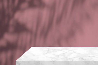 Minimum Beyaz Mermer Masa Köşesi, Hindistancevizi Yaprakları Gölgesi ve Pembe Beton Beton Duvarda Işık Kirişi Ürün Sunumu, Görünüm ve Moda İçin Uygun.