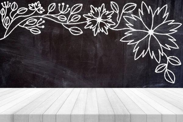 Wood Table with Minimal Flowers in Chalk Drawing Style on Grunge Chalkboard Background, Suitable for Product Presentation Backdrop, Display, and Mock up.