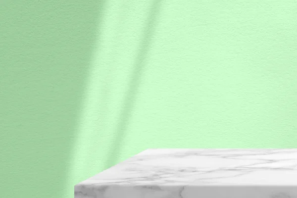 Minimal White Marble Table Corner with Shadow and Palegreen Beam on Concrete Wall Background, Suitable for Product Presentation Backdrop, Display, and Mock up.