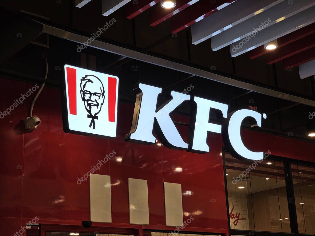 BANGKOK, THAILAND - JANUARY 18, 2024: KFC fried chicken sign. KFC is famous fast food restaurant that founded in March 20, 1930.