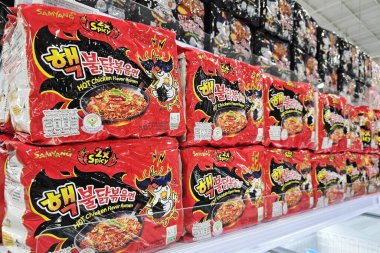 Bangkok, Thailand - May 18, 2024: Samyang 2x Spicy Hot Chicken Flavor Ramen on the shelf in Supermarket. it is a famous instant noodles in Thailand. clipart