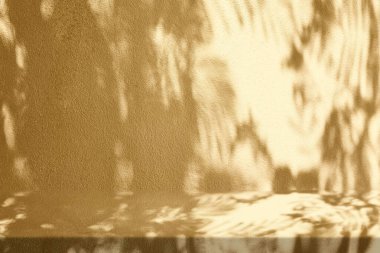 Beton Duvardaki Doğa Gölgesi Altında Altın Stucco Masası Kozmetik Ürün Sunum Arkaplanı, Görünüm ve Moda İçin Uygun.