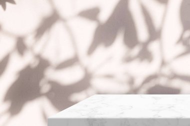 Beton Duvarda Gölge ve Ilık Işık Kirişli En Düşük Beyaz Mermer Masa Köşesi, Ürün Sunumu, Görünüm ve Moda İçin Uygun.