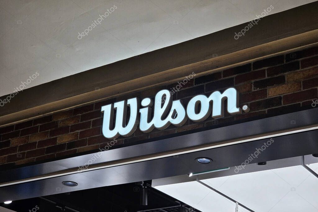 Bangkok, Thailand - April 21, 2025: Wilson sign. The Wilson Sporting Goods Company is an American sports equipment manufacturer that was founded in 1913.