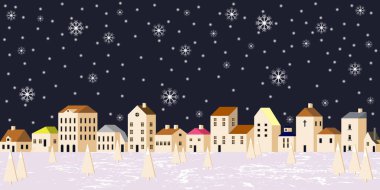 Panoramik Vektör İllüstrasyon Yılbaşı ve Yeni Yıl Gecesi Sahnesi Yağan Kar ve Ev Sınırı ve Karlı Topraklarda Şekillendirilmiş Ağaçlar.