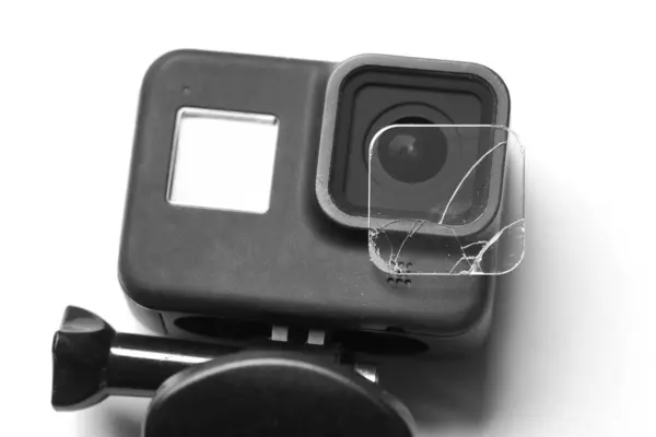 Action Kamera Mit Gebrochenem Schutzglas Objektiv Stockbild