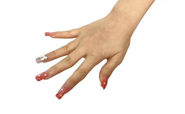 Женская Рука Наращиванием Ногтей Изолированы Белом Фоне Стоковое Фото