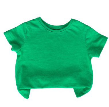 Beyaz arka planda izole edilmiş çocuk tişörtü. Beyaz üzerine yeşil renkli bebek tişörtü. Canlı Renkli Moda Kıyafetler