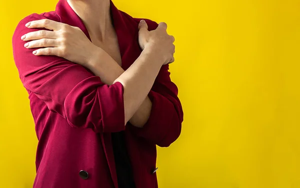 Embrace Equity Woman Hug Yourself Dressed Magenta Jacket Yellow Background Photo De Stock