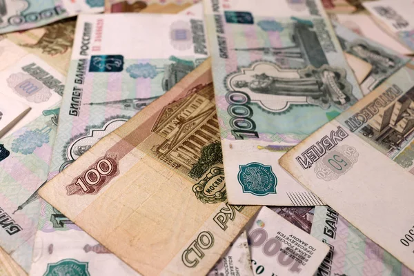 Rublos Rusos Fondo Los Billetes Textura Concepto Ahorro Inversión Crisis — Foto de Stock
