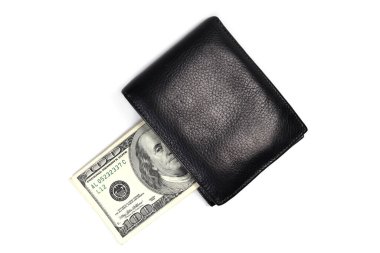 Amerikan doları üzerine deri cüzdan. Para beyaza izole edilmiş, alışveriş konsepti, tasarruf, yatırım, bağış.