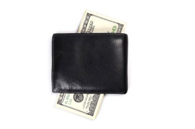 Amerikan doları üzerine deri cüzdan. Para beyaza izole edilmiş, alışveriş konsepti, tasarruf, yatırım, bağış.