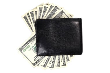 Amerikan doları üzerine deri cüzdan. Para beyaza izole edilmiş, alışveriş konsepti, tasarruf, yatırım, bağış.