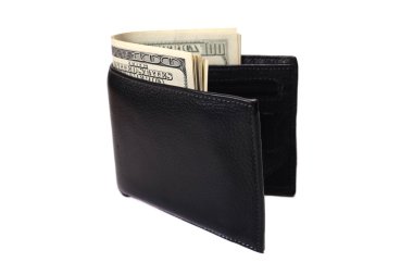 Deri cüzdan içinde para olan Amerikan doları beyaza izole edilmiş, alışveriş konsepti, tasarruf, yatırım, bağış