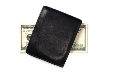 Siyah deri cüzdan Amerikan dolarları ile beyaz arka plan izole para, tasarruf konsepti, yatırım