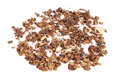 scattering of granola with oatmeal, nuts, fruits and chocolate isolated on white. The concept of healthy food, diet, weight loss.
