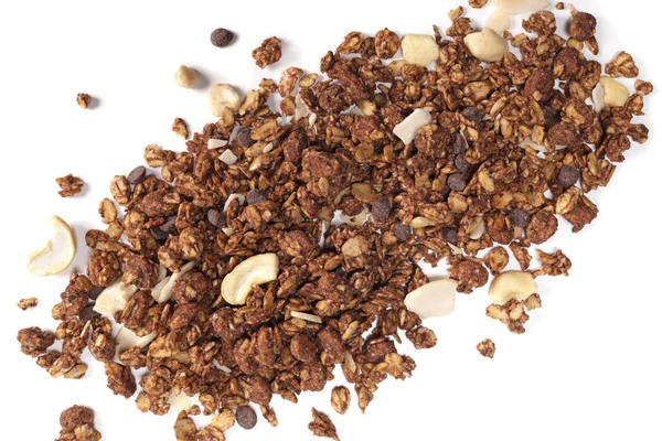 Granola Cereal with oat, fruits, nuts and chocolate isolated on white. Top view, flat lay