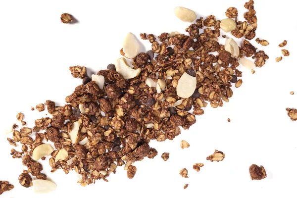 granola with nuts and fruits on a white background