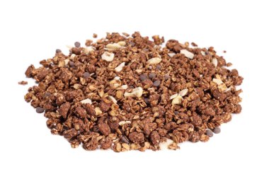 Bunch of granola with oat, fruit, nuts and chocolate isolated on white