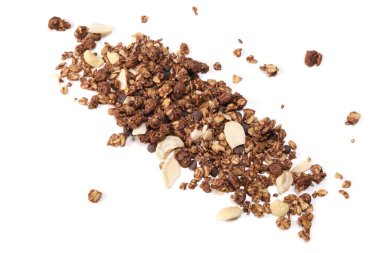 Granola Cereal with oat, fruits, nuts and chocolate isolated on white. Top view, flat lay