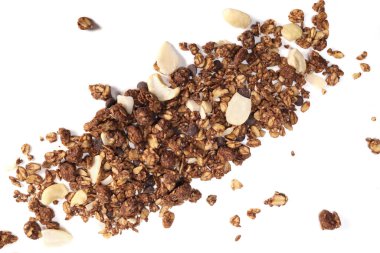 granola with nuts and fruits on a white background