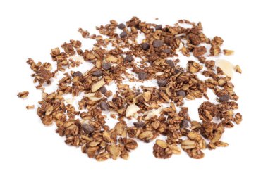scattering of granola with oatmeal, nuts, fruits and chocolate isolated on white. The concept of healthy food, diet, weight loss.
