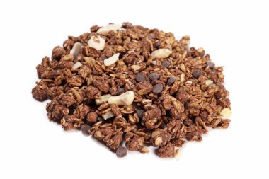 Bunch of granola with oat, fruit, nuts and chocolate isolated on white