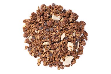 Granola Cereal with oat, fruits, nuts and chocolate isolated on white. Top view, flat lay