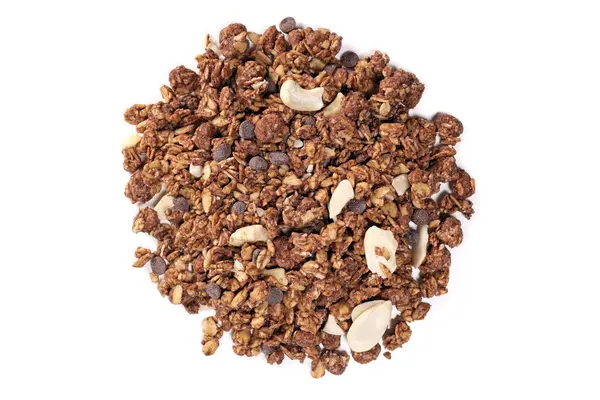 Granola Cereal with oat, fruits, nuts and chocolate isolated on white. Top view, flat lay