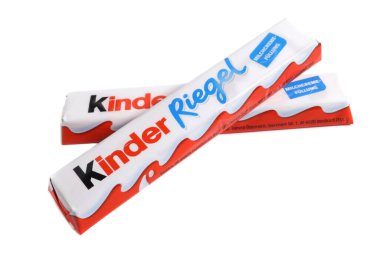 Magdalinovka, Ukraine - January 22, 2022. Kinder riegel chocolate bar, candy, from Ferrero isolated on white background