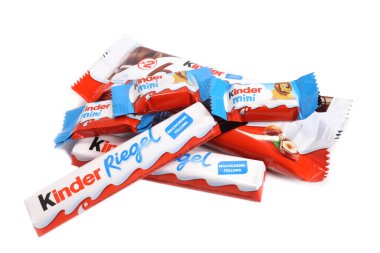 Magdalinovka, Ukraine - January 22, 2022. Chocolate bars and Kinder sweets from Ferrero isolated on white background