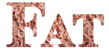 word Fat made from fresh raw minced meat or ground meat on a white background