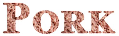 word Pork made from fresh raw minced meat or ground meat on a white background