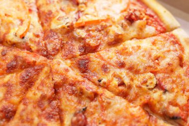 Fresh tasty sliced pizza closeup