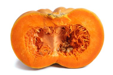 Cut in half orange ripe pumpkin isolated on white