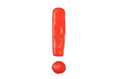 Red exclamation mark from plasticine isolated on white