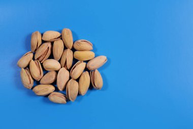 Pistachios in shell on a blue background. copy space for text
