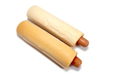 french hot dogs with ketchup sauce isolated on white, fast food concept, food to go