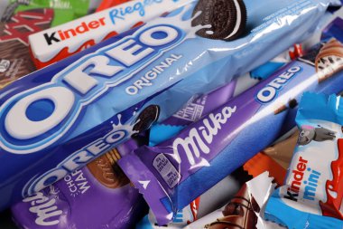 Magdalinovka, Ukraine - February 16, 2022. Chocolate products Milka, Kinder, Oreo and others