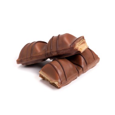 Magdalinovka, Ukraine - February 16, 2022. Kinder bueno chocolate bar with caramel closeup isolated on white