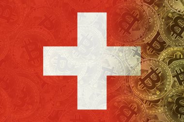 Switzerland flag on the background of bitcoin coins, the concept of investing in cryptocurrency, blockchain technology