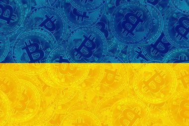 Ukrainian flag on the background of bitcoin coins, the concept of cryptocurrency, blockchain technology
